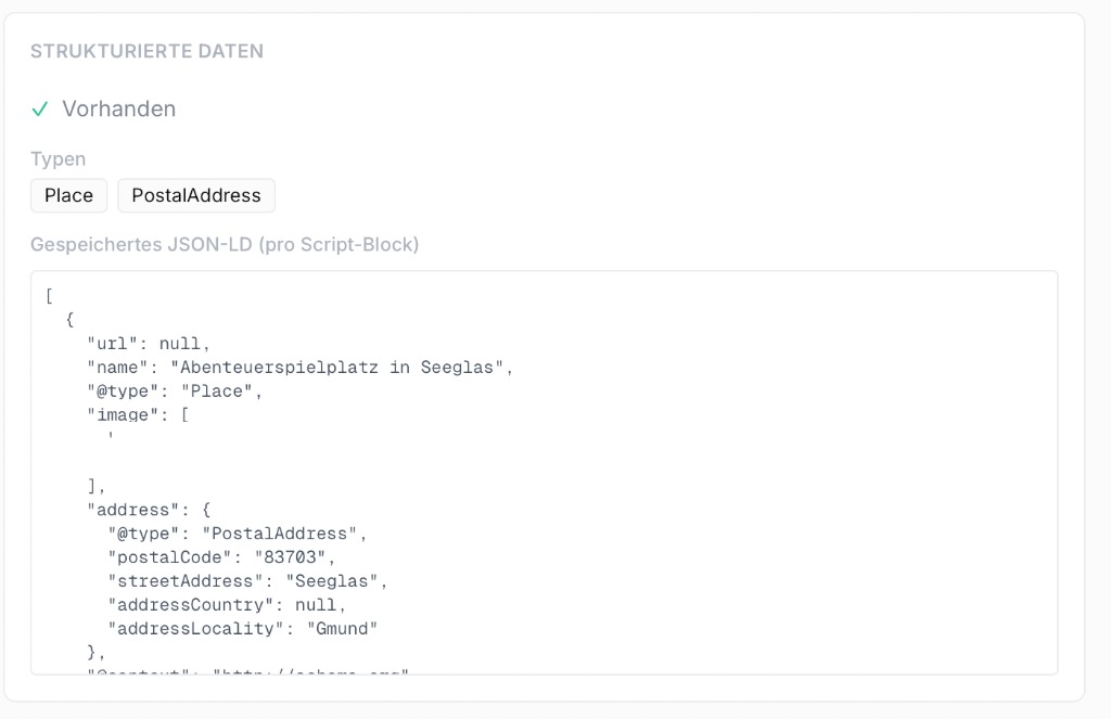 VISIBILIS: erkannte Schema-Typen und JSON-LD-Auszug